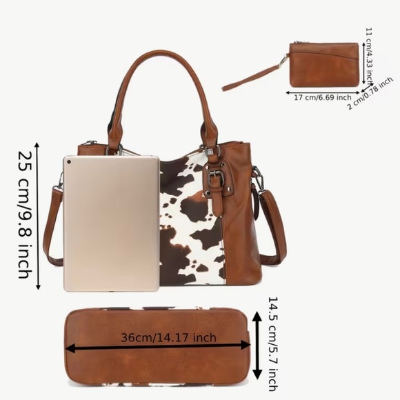 2pc Cow Print Purse For Women, PU Leather Large Hand/Shoulder Bag - Picture 2 of 8